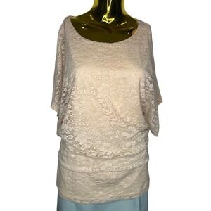 VIntage 90s USA Beige Floral Lace Dolman Sleeve Banded Waist Blouse XL